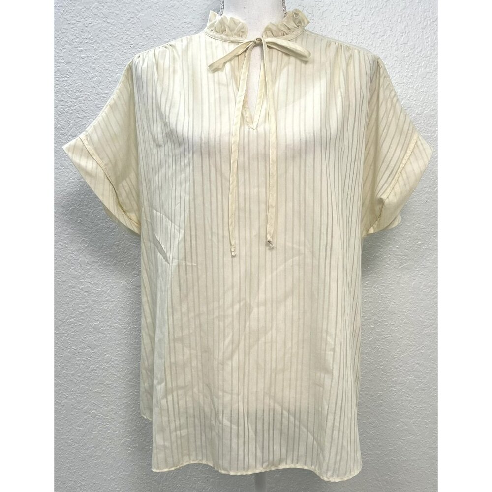 VTG MS BOND Judy Bond Womens 40/8 Ivory Stripe S/S Ruffle Secretary BLOUSE EUC